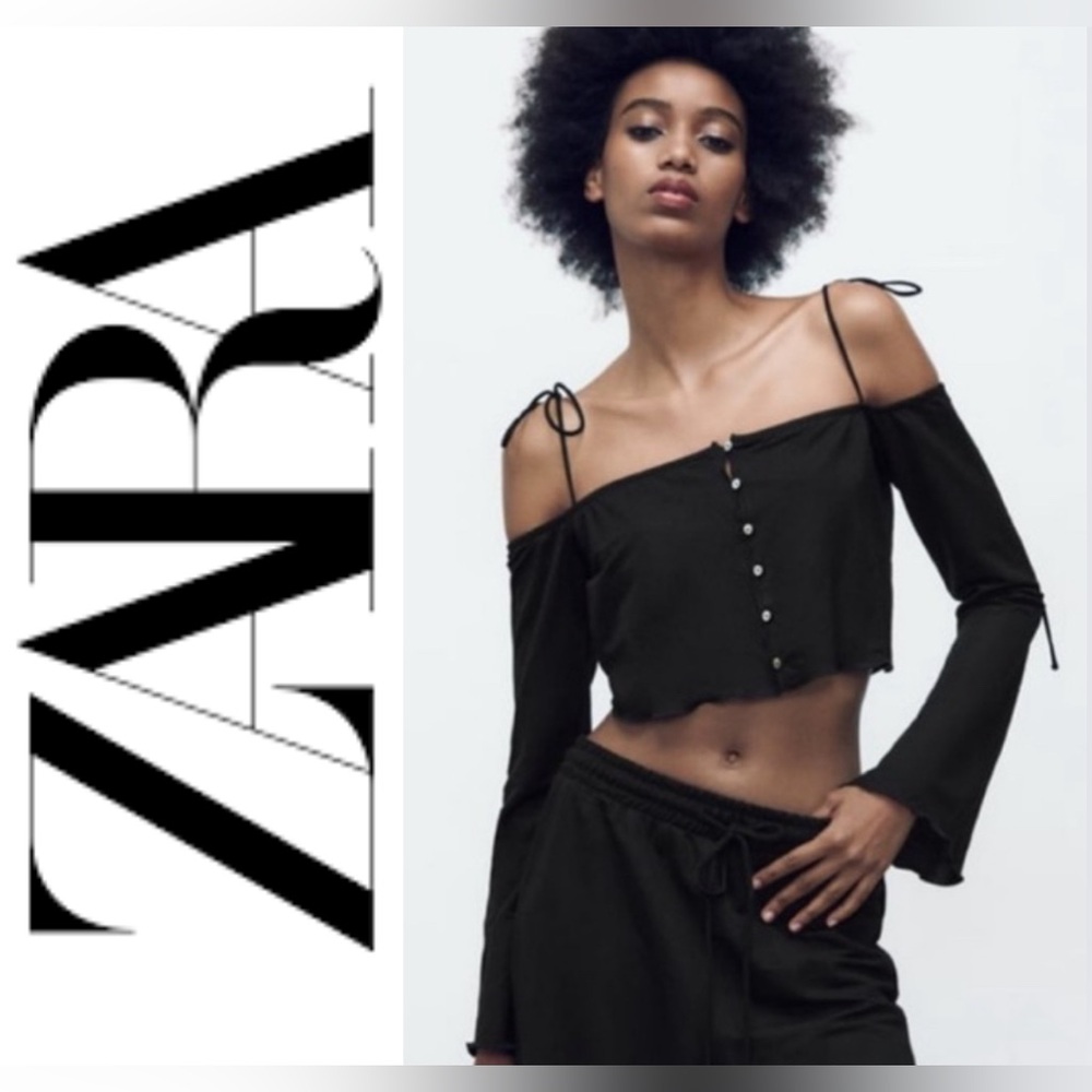 ✨ NWT | ZARA Black Off Shoulder Crop Top | Flowy Button Front | Size Medium ✨